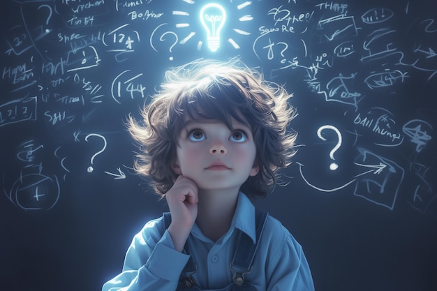 Thinking child with light bulb in idea concept