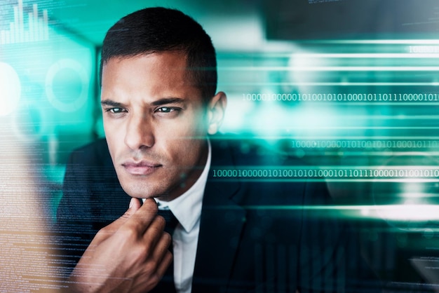 thinking computer coding and cyber businessman programming big data stock market finance and digital software programmer blockchain and security analytics fintech management and trading database