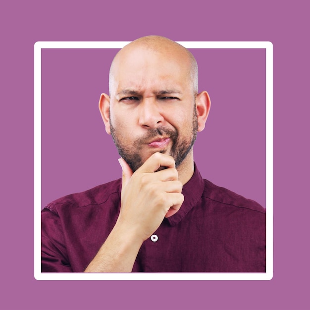 Thinking confused and mockup by man in frame studio and advertising space and purple background Doubt unsure and contemplation by guy thoughtful pensive or emoji gesture while standing isolated