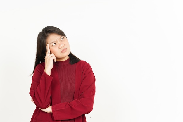 Thinking Gesture Of Beautiful Asian Woman Wearing Red Shirt Isolated On White Background