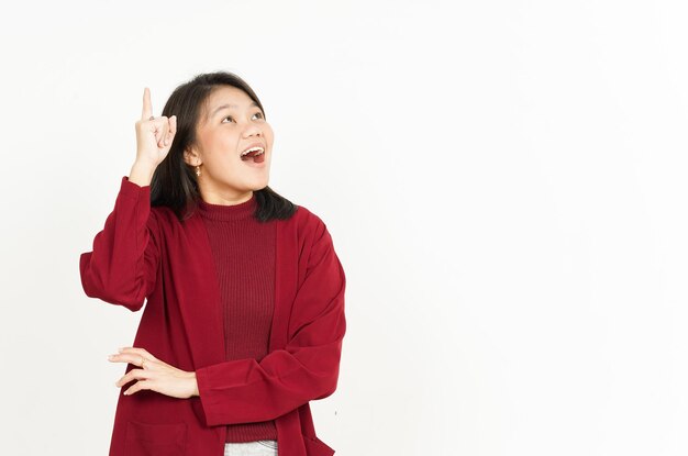 Thinking Gesture Of Beautiful Asian Woman Wearing Red Shirt Isolated On White Background