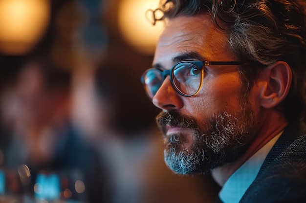 Thinking handsome middleaged business man closeup portrait of a pensive man wearing glasses and a suit and looking away indoors