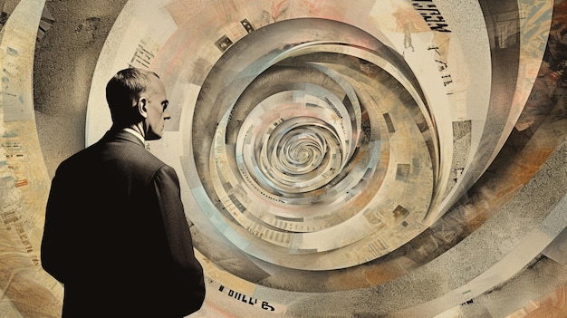 Thinking man before spiral Contemporary art collage Digital collage