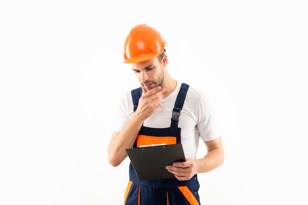 Thinking man in helmet hold project construction documents signing a contract