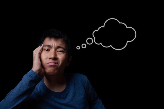 Thinking man with cloud thought sketched above his head
thinking bubble icon man thinking about a problem concept black
background