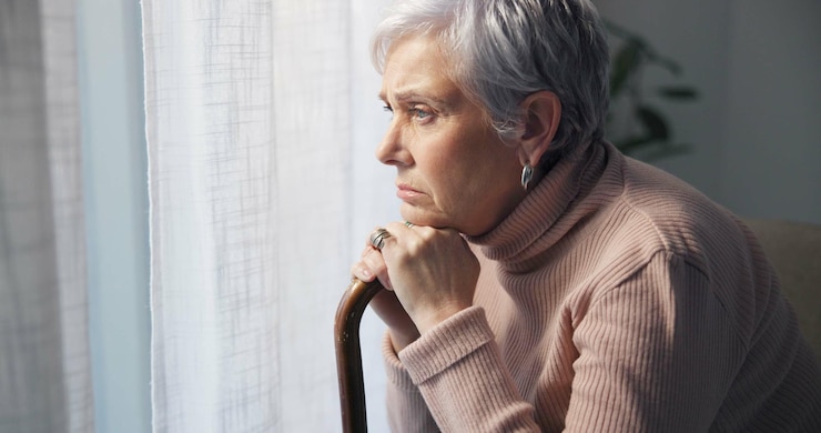 Photo thinking medical and window with old woman and walking stick in bedroom for wellness retirement and healthcare depression mental health and nursing home with patient with a disability for support