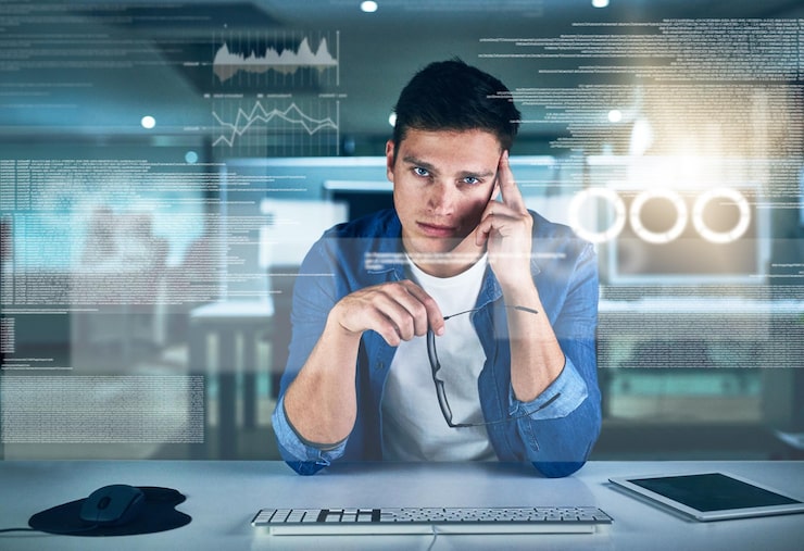 Photo thinking programmer and man in office night and overlay of interface keyboard and software dark dashboard and coder for agency information technology and ideas for programming of data in web
