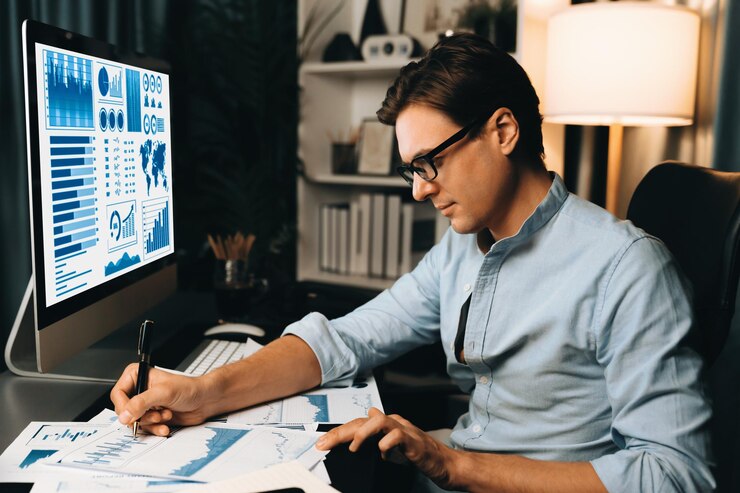 Photo thinking smart businessman surrounded paperwork report paragraph pecuniary