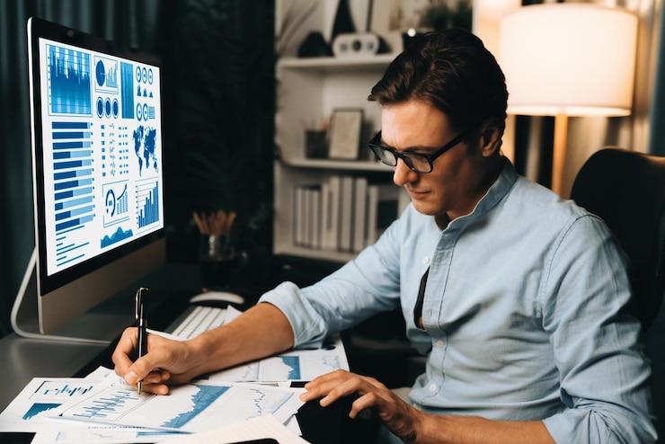 Photo thinking smart businessman surrounded paperwork report paragraph pecuniary
