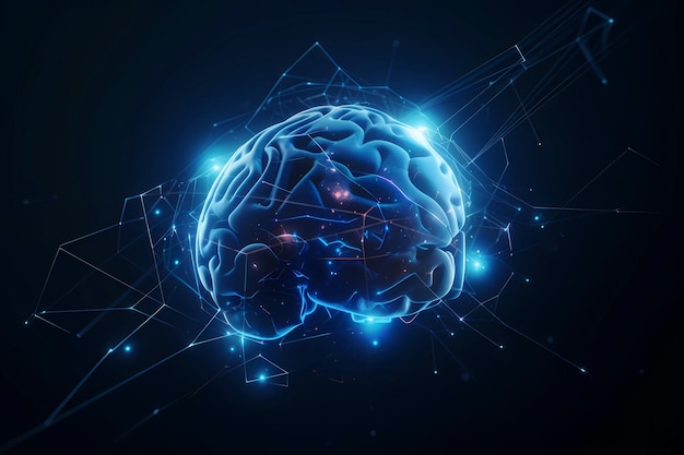 Технология мышления человеческого мозга с абстрактными неоновыми полигонами Генеративный ИИ