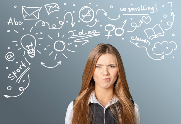 Thinking woman with many ideas on background