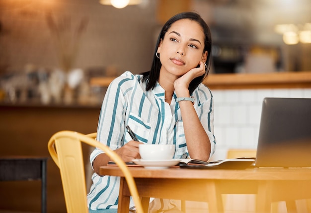 Thinking wondering and planning woman having a coffee while working remotely on laptop at cafe Freelance female writer daydreaming thinking about a career change during tea break at a coffee shop