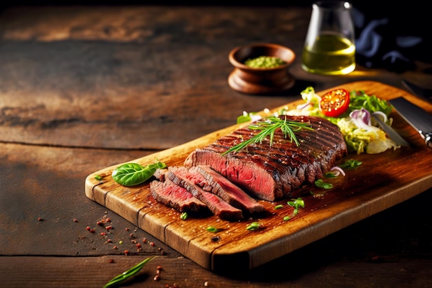 Thinly sliced flank steak of weak roasting with chimichurri sauce on board