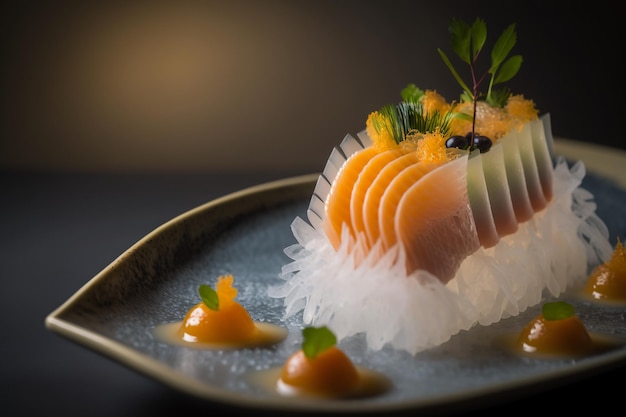 Thinly sliced sashimi served on a bed of ice fresh Generative AI