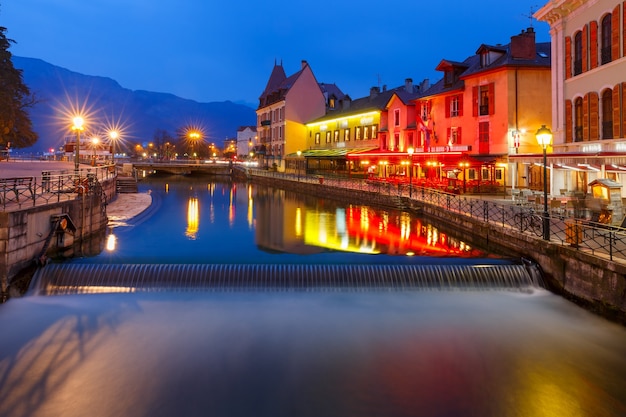 Thiou river during morning blue hour in old city of annecy venice of the alps france