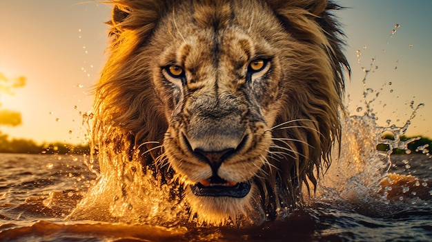 Foto un leone assetato è nell'acqua