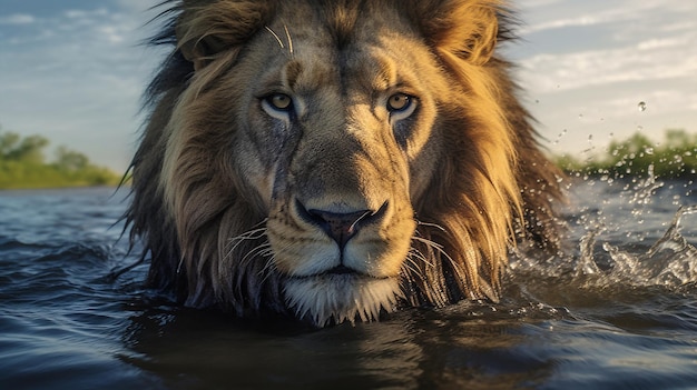 A thirsty lion is in the water