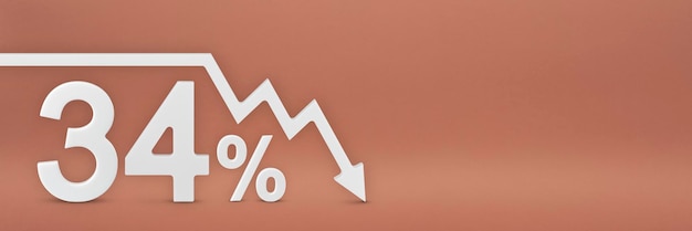 사진 그래프의 34% 화살표가 아래를 가리키고 있습니다. 주식 시장 충돌 곰 시장 인플레이션경제 붕괴 주식의 붕괴3d 배너빨간 배경에 34% 할인 기호