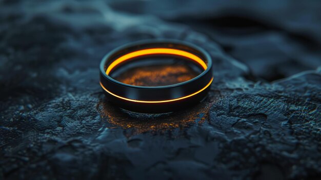 This 3D animation captures a futuristic smart ring illuminated amidst a rainsoaked surface its orange and blue neon glow reflecting technological elegance and waterproof resilience