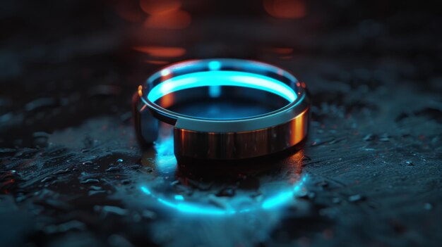 This 3D animation captures a futuristic smart ring illuminated amidst a rainsoaked surface its orange and blue neon glow reflecting technological elegance and waterproof resilience