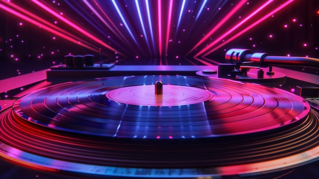 Foto questa animazione 3d cattura un giradischi vintage e un disco in vinile bagnato nella luce al neon che canalizza un'estetica retro wave perfetta per la musica e i temi nostalgici