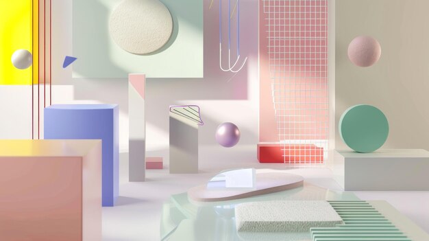 This 3D animation portrays a playful arrangement of pastelcolored geometrical shapes floating in a soft dreamy environment perfect for modern design and creative backdrops