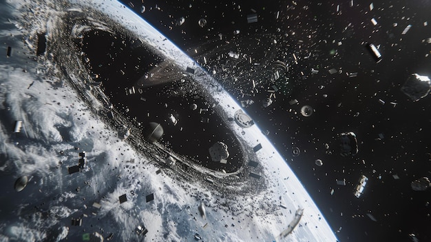 This 3D illustration depicts the growing issue of space junk swirling around Earth a visual commentary on pollution beyond our planet and the need for sustainable practices in space exploration
