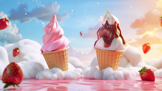 Photo in this 3d illustration strawberry and chocolate vanilla ice cream cones appear on a cute cloudy background with sweet clouds above