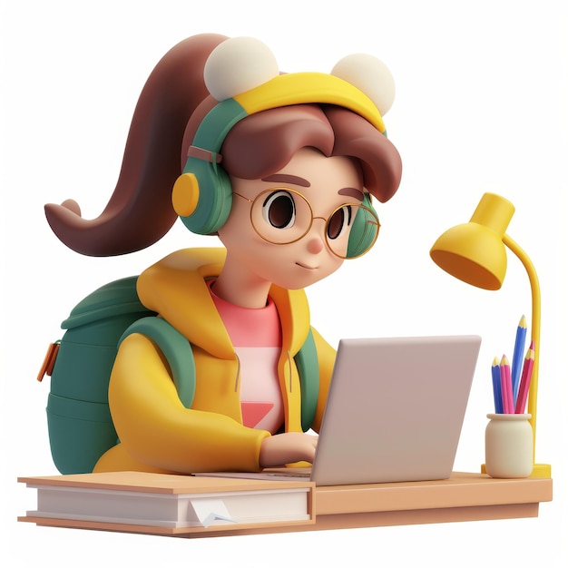 Эта современная 3D-иллюстрация изображает Джейн, молодую женщину, изучающую или выполняющую задание на ноутбуке, держащую карандаш и думающую о выпускном.