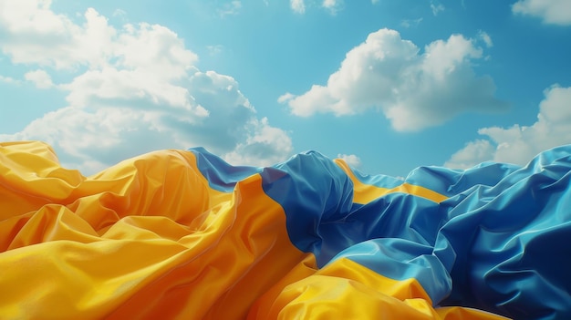 В этом 3D-рендере есть шелковистый сине-желтый украинский флаг, размахивающий в воздухе над голубым небом с белыми облаками, который окружен абстрактным патриотическим фоном