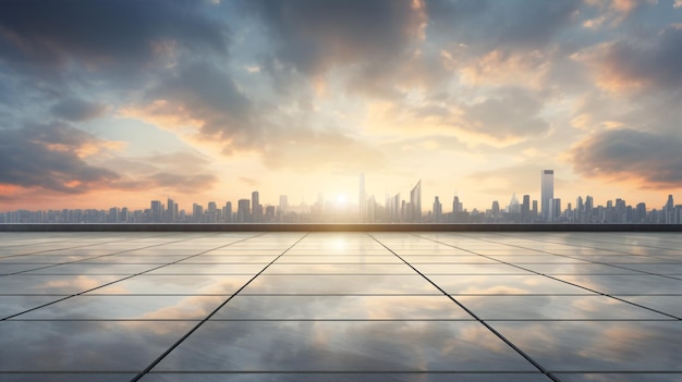 In this 3Dstyle scene a modern building stands tall against the sunrise with an unoccupied cement floor and steel pavement in the foreground