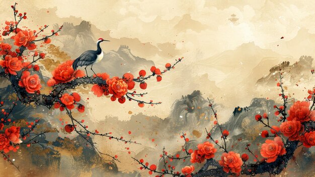 In this abstract art landscape with crane birds gold watercolor texture has been applied to the peony flower decorations with a hand drawn line effect to create a vintage feel