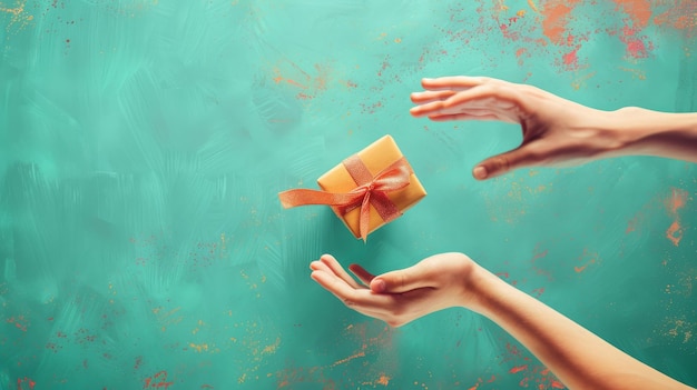 Foto in questo collage astratto una scatola di regali sta correndo e le mani umane si estendono è un concetto di dare regali velocemente