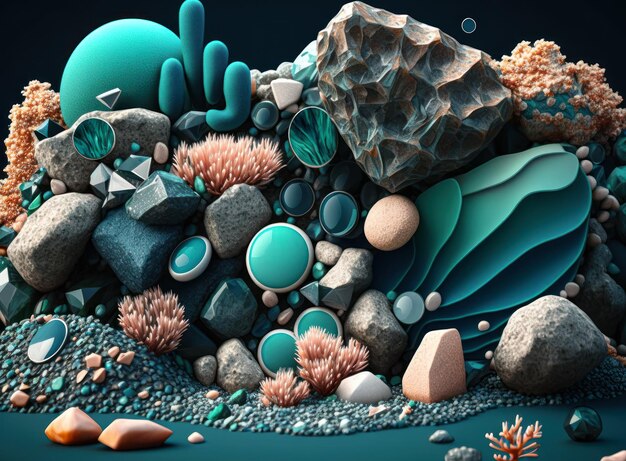 This abstract composition of layered geometric shapes in coral and malachite colors Bottom of the sea illustration Created with Generative AI technology