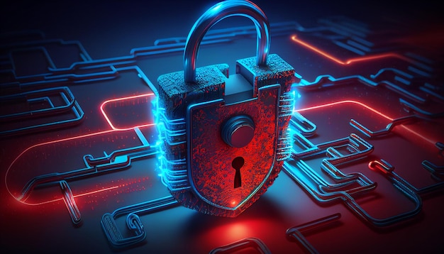 in this abstract cyberattack block concept generative ai a shield with a lock icon is depicted on a circuit board and network wireframe with binary code over a background