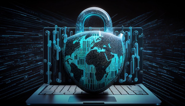 in this abstract cyberattack block concept generative ai a shield with a lock icon is depicted on a circuit board and network wireframe with binary code over a background