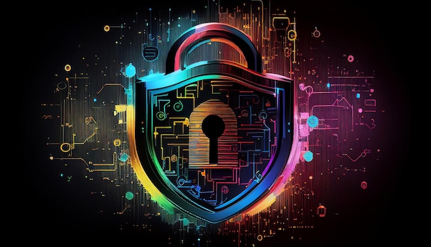in this abstract cyberattack block concept generative ai a shield with a lock icon is depicted on a circuit board and network wireframe with binary code over a background