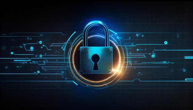 in this abstract cyberattack block concept generative ai a shield with a lock icon is depicted on a circuit board and network wireframe with binary code over a background