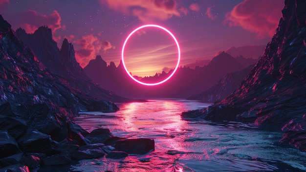 This abstract futuristic wallpaper features the sunset or sunrise and a glowing neon portal with reflections in the water
