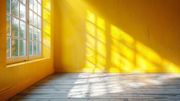 This abstract pastel yellow studio background shows a product in a blurred backdrop against an empty room with the shadow of a window