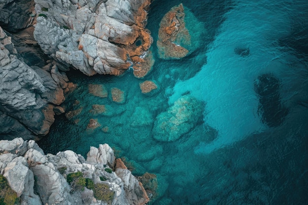 This aerial photograph captures a body of water enclosed by rocky terrain showcasing the natural landscape from above Dramatic aerial scenery of azure sea surrounding rugged rocks AI Generated