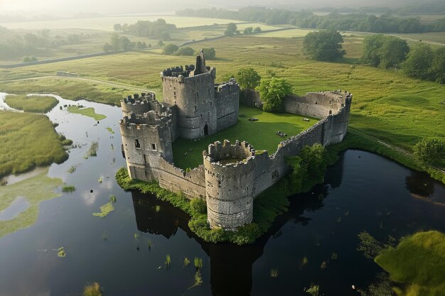 Photo this aerial photograph captures the stunning view of a castle situated in the middle of a river a medieval castle surrounded by moat from an aerial perspective ai generated