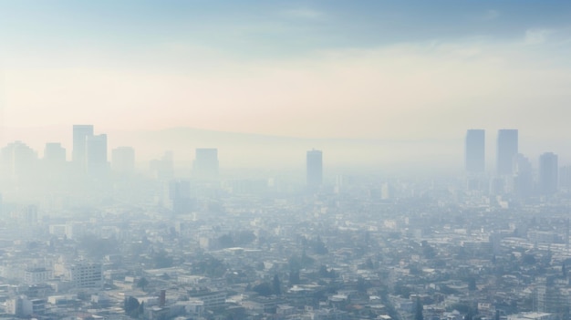 この空中写真は都市風景の上に浮かぶ濃いスモッグの範囲を捉えています