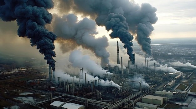 В этой тревожной сцене гигантская фабрика извергает густые шлейфы дыма, иллюстрируя насущную проблему промышленных выбросов и острую потребность в устойчивых решениях. Создано с помощью ИИ.