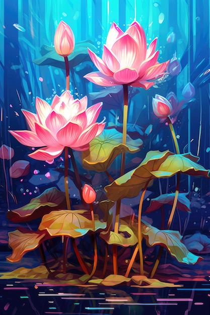 This artwork depicts a colorful lotus flower in full bloom generative ai