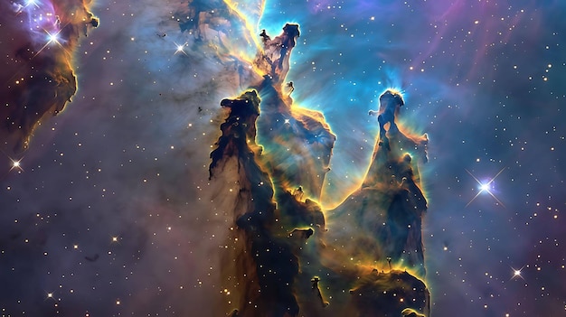 독수리 성운 (Eagle Nebula) 의 이 놀라운 사진은 새로운 별들이 태어나는 거대한 가스와 먼지 기둥을 보여준다.