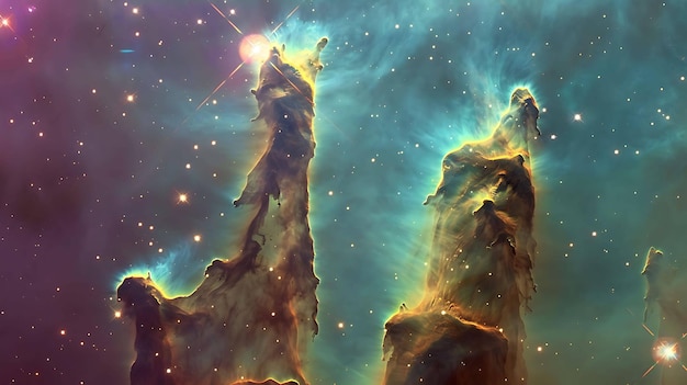 독수리 성운 (Eagle Nebula) 의 이 경이로운 사진은 거대한 바위 형태를 은 가스와 먼지의 기둥을 보여준다.