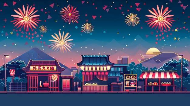 In this banner there is an illustration of food and games from the summer festival with fireworks over it