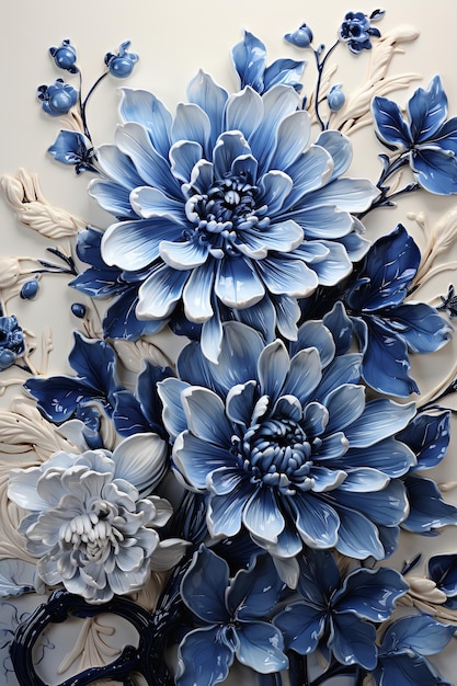 This beautiful 3d rendering of blue and white flowers and leaves is perfect for a background