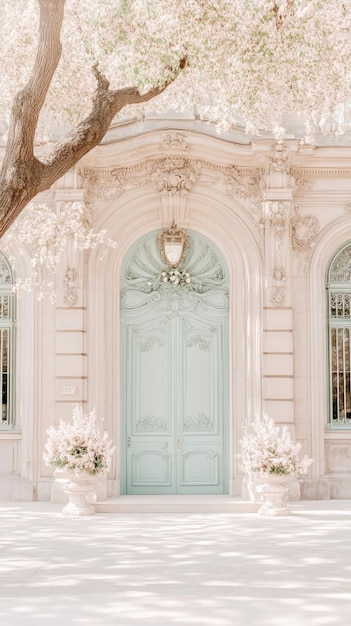 this beautifully crafted house features intricate carvings and a soft blue hue reflecting the architectural heritage amidst vibrant greenery